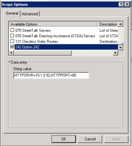 DHCP configure option 242
